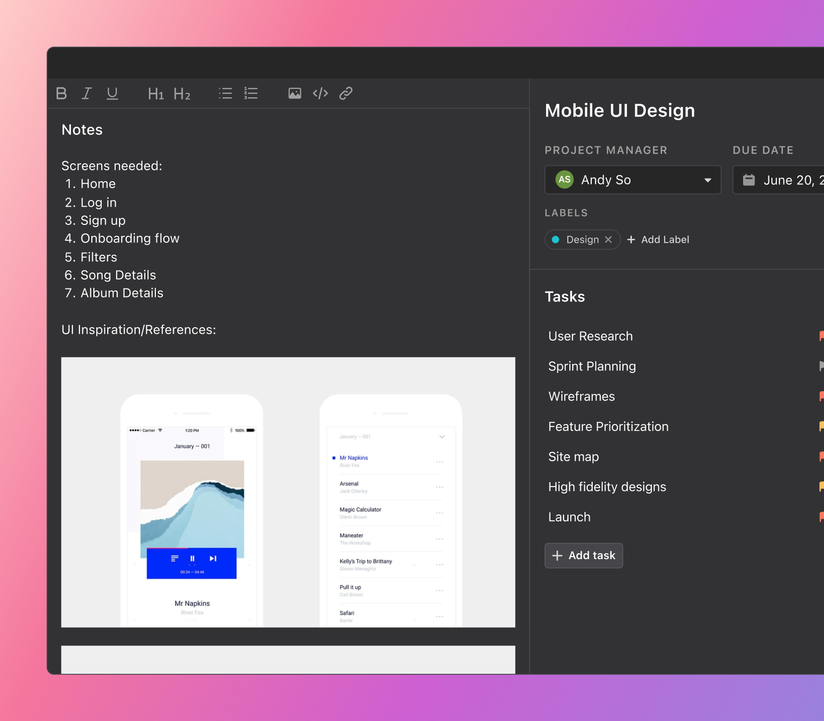 Screenshot of notes, attachments and comments on a task in Motion.