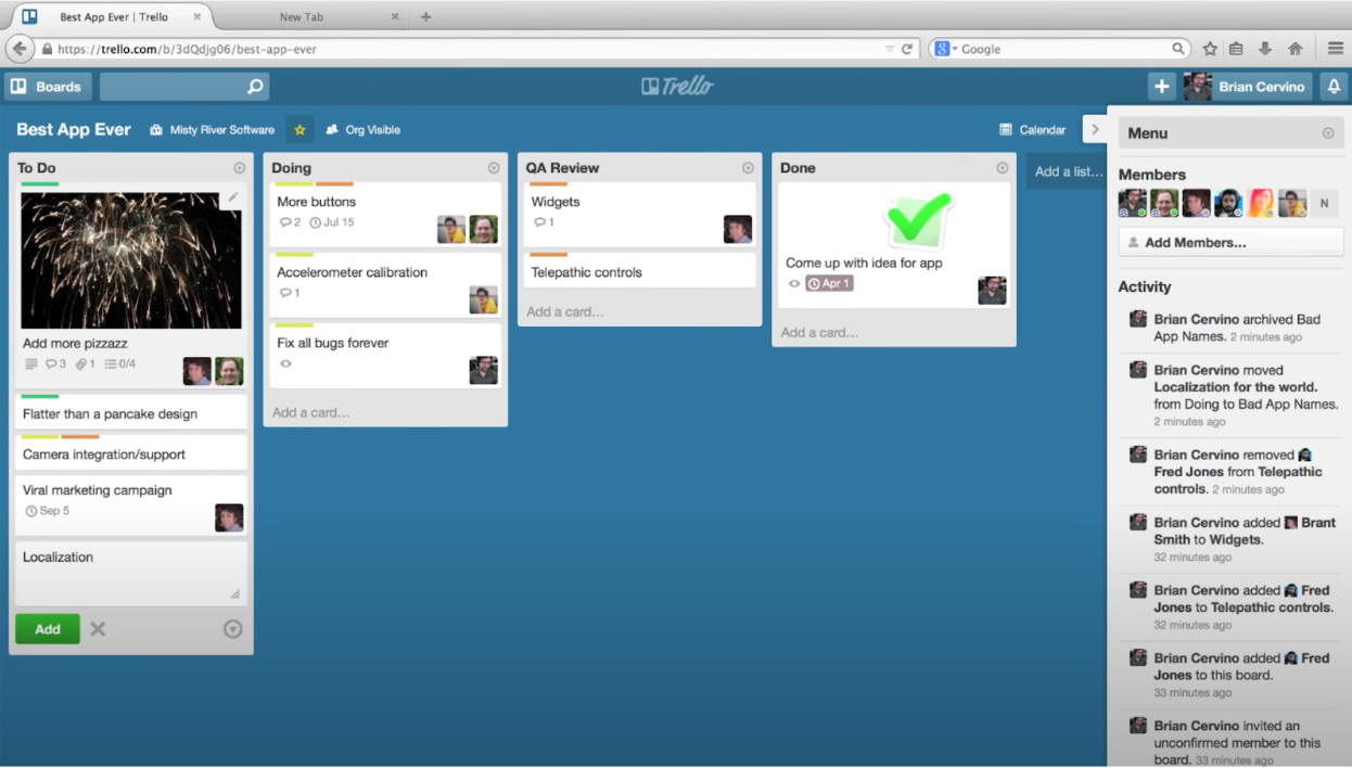 Board view of project management on Trello
