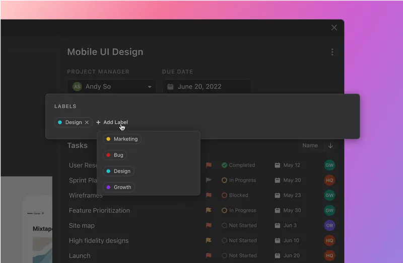 User adding a label to a task in Motion
