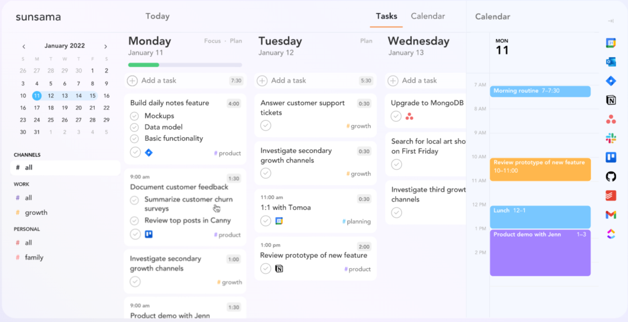 Sunsama calendar with tasks
