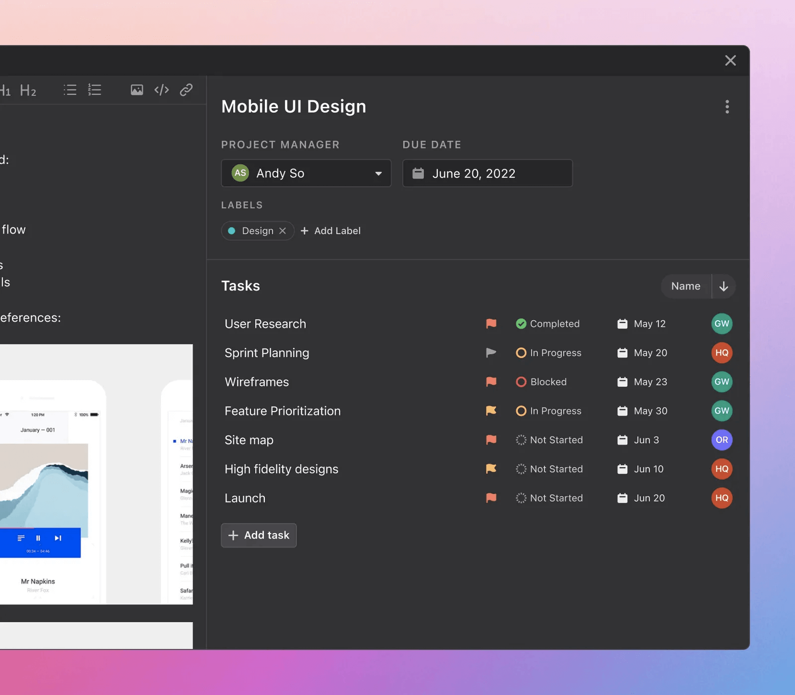 Project timeline example on Motion