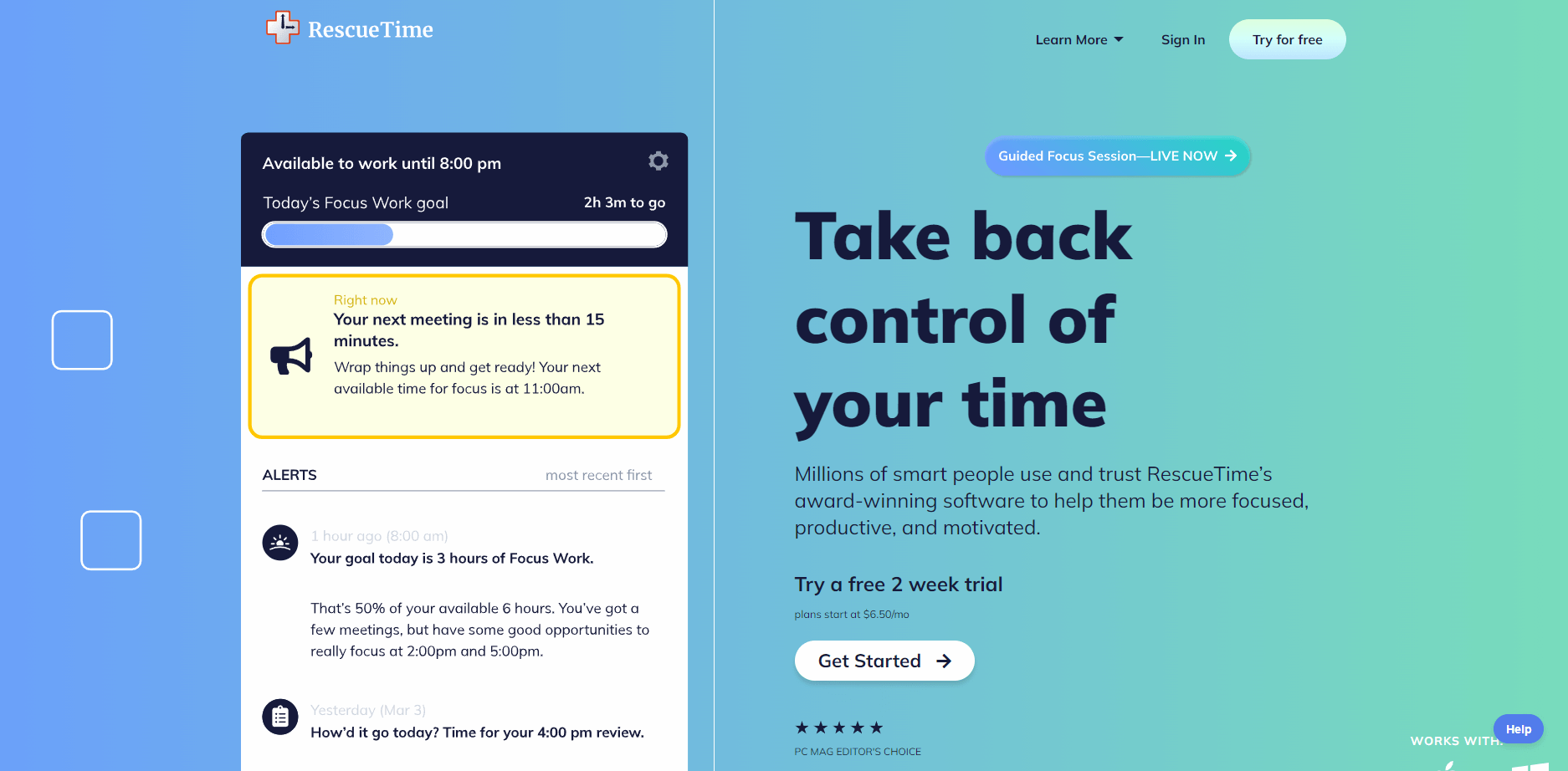 Screenshot of RecueTime homepage