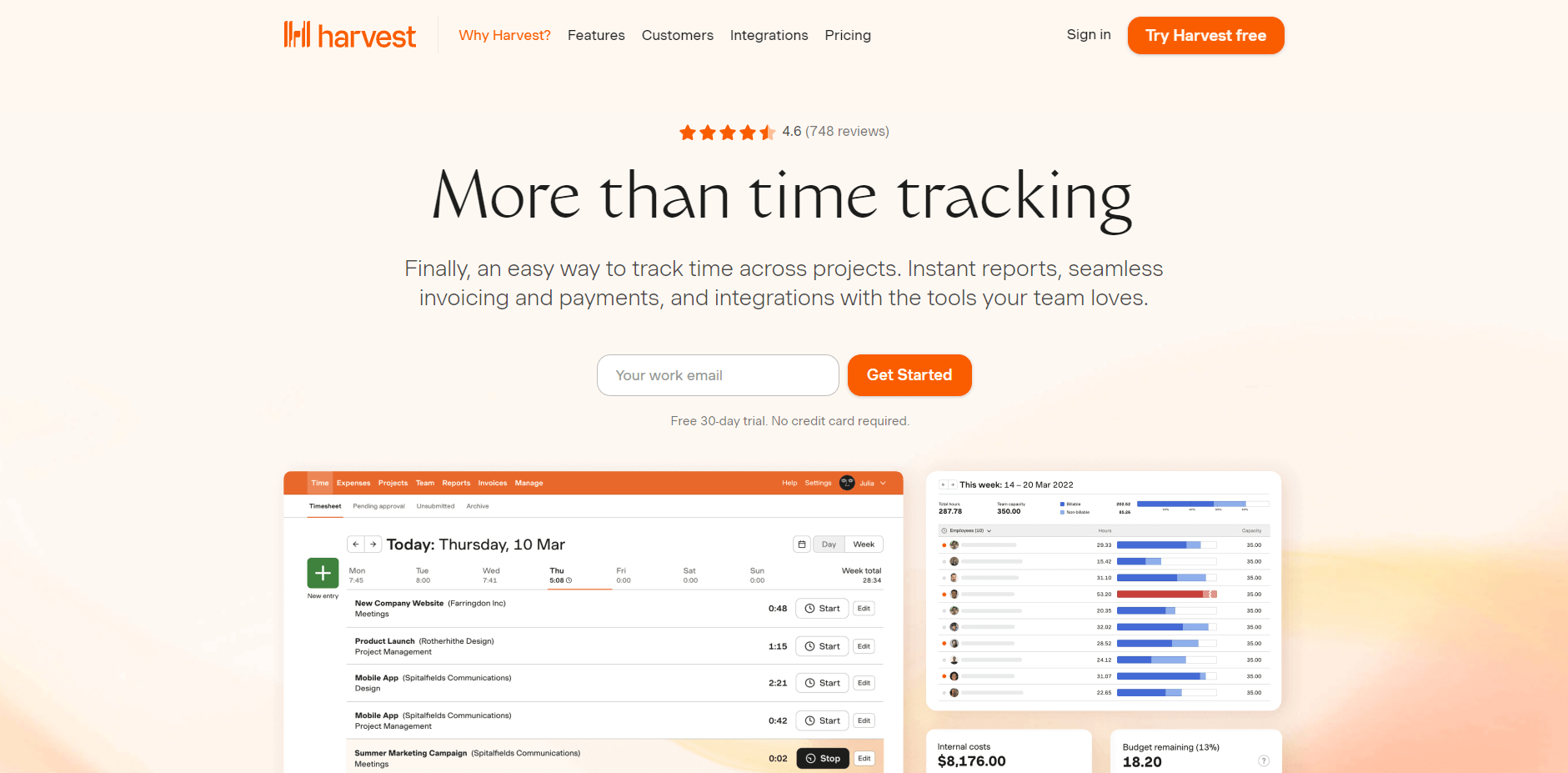 Screenshot of Harvest homepage