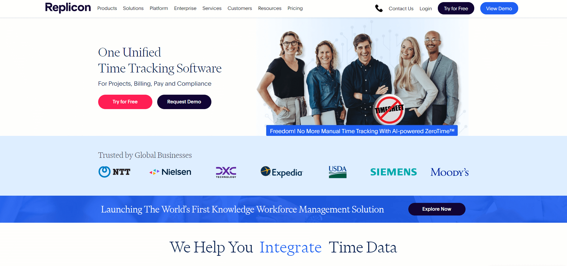 Screenshot of Replicon homepage