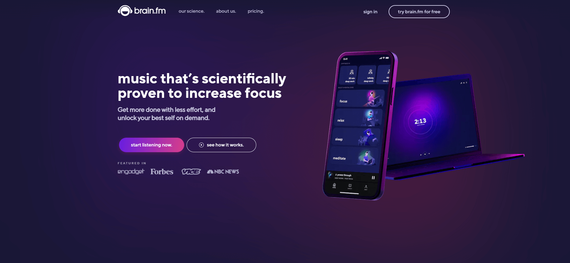 Screenshot of Brain.fm homepage