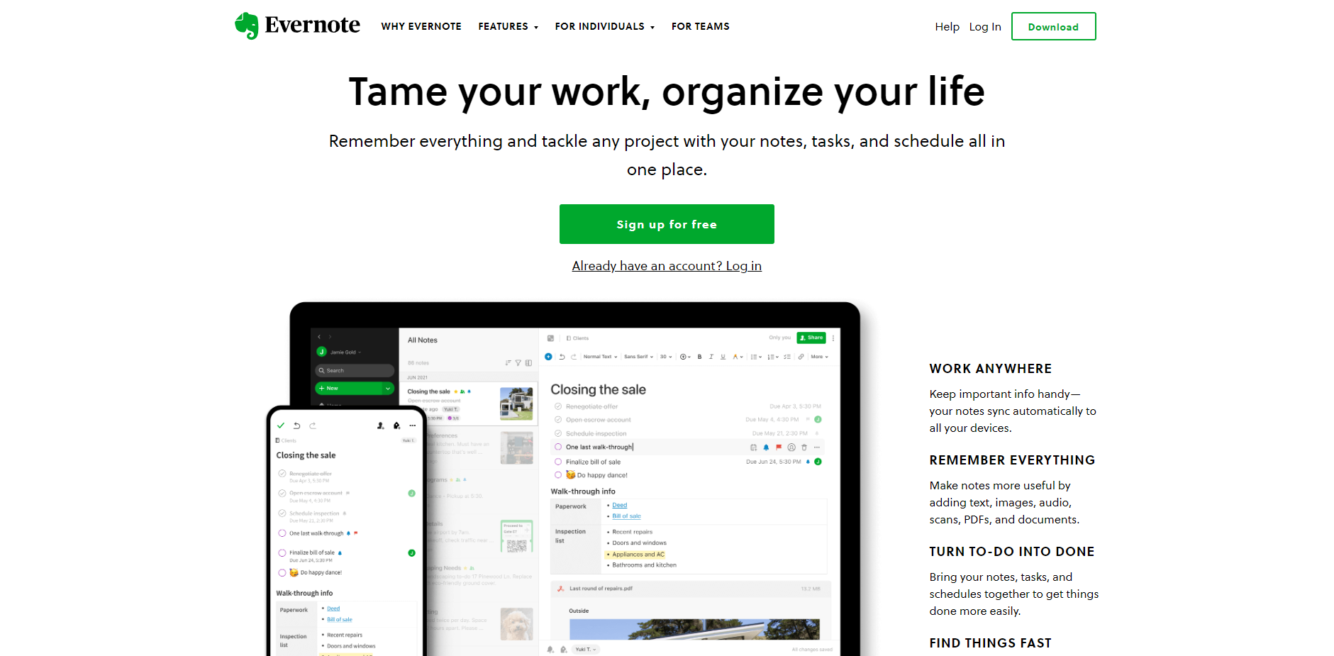 Screenshot of Evernote homepage
