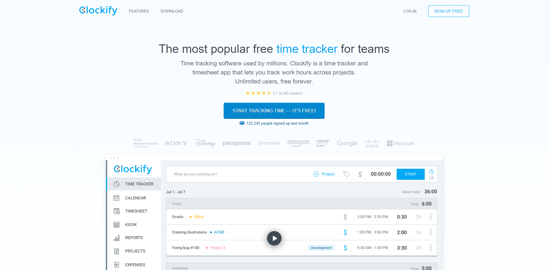 Screenshot of Clockify homepage