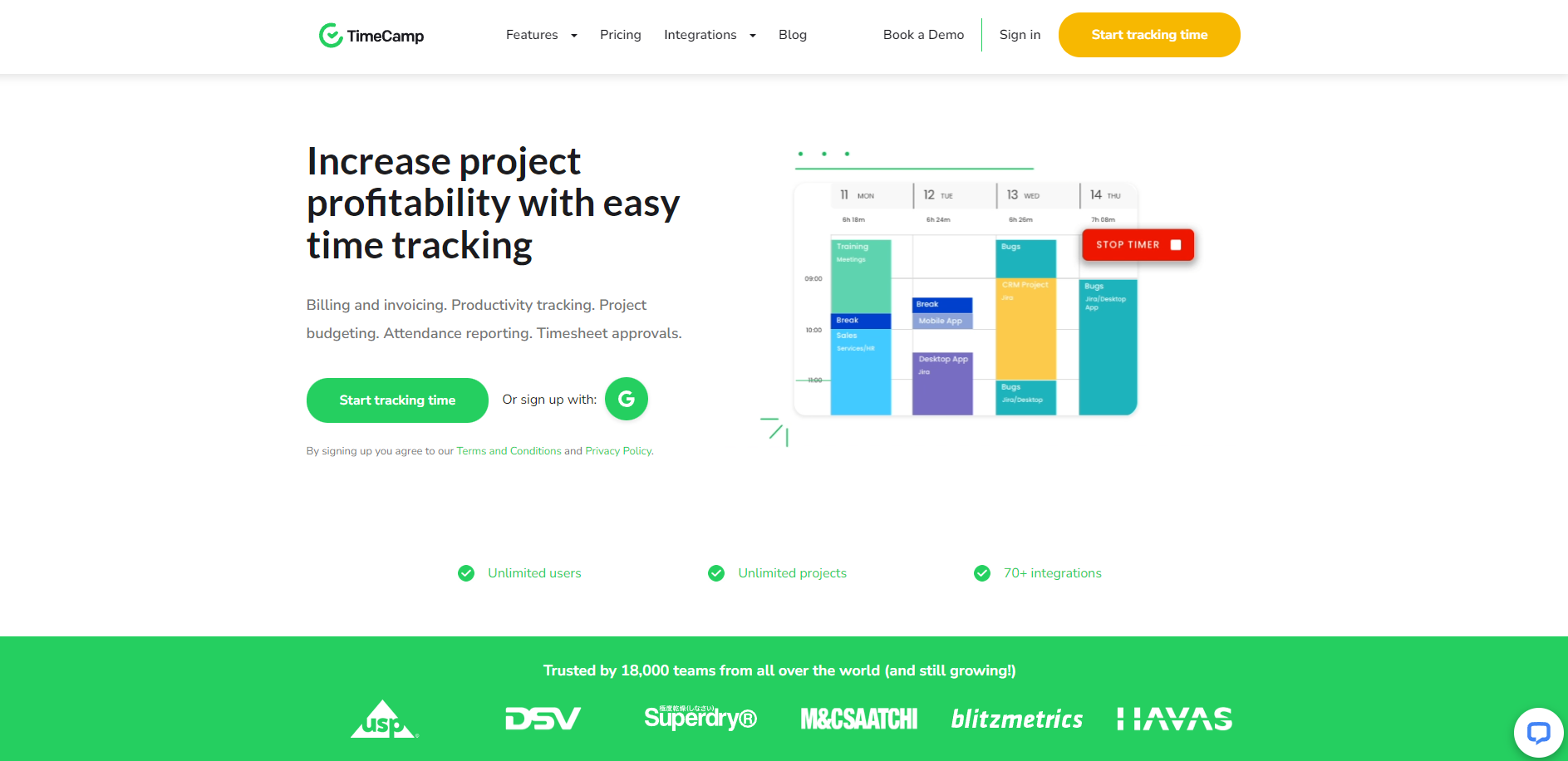 Screenshot of TimeCamp homepage