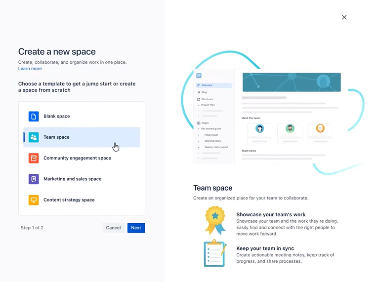 A screenshot showing creating a new space in Confluence