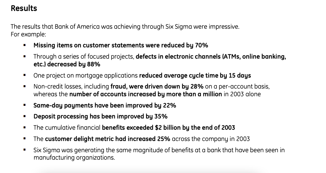 A bullet point list of the key results from the Bank of America Six Sigma case study