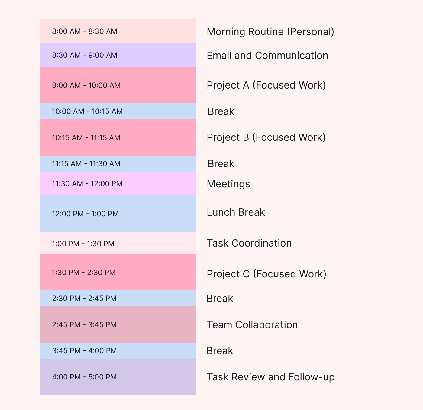 Example of a calendar using the time blocking technique