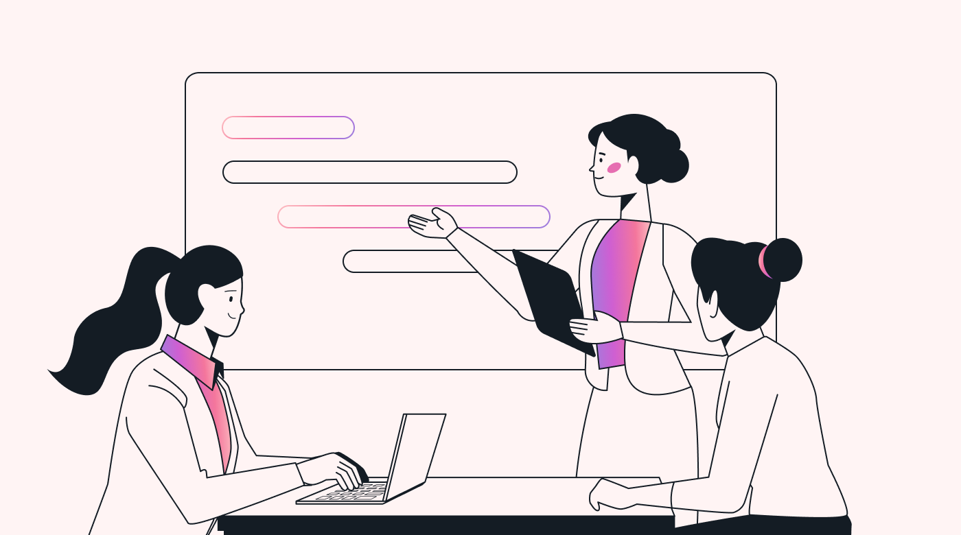 Employees look together at a screen with a project timeline