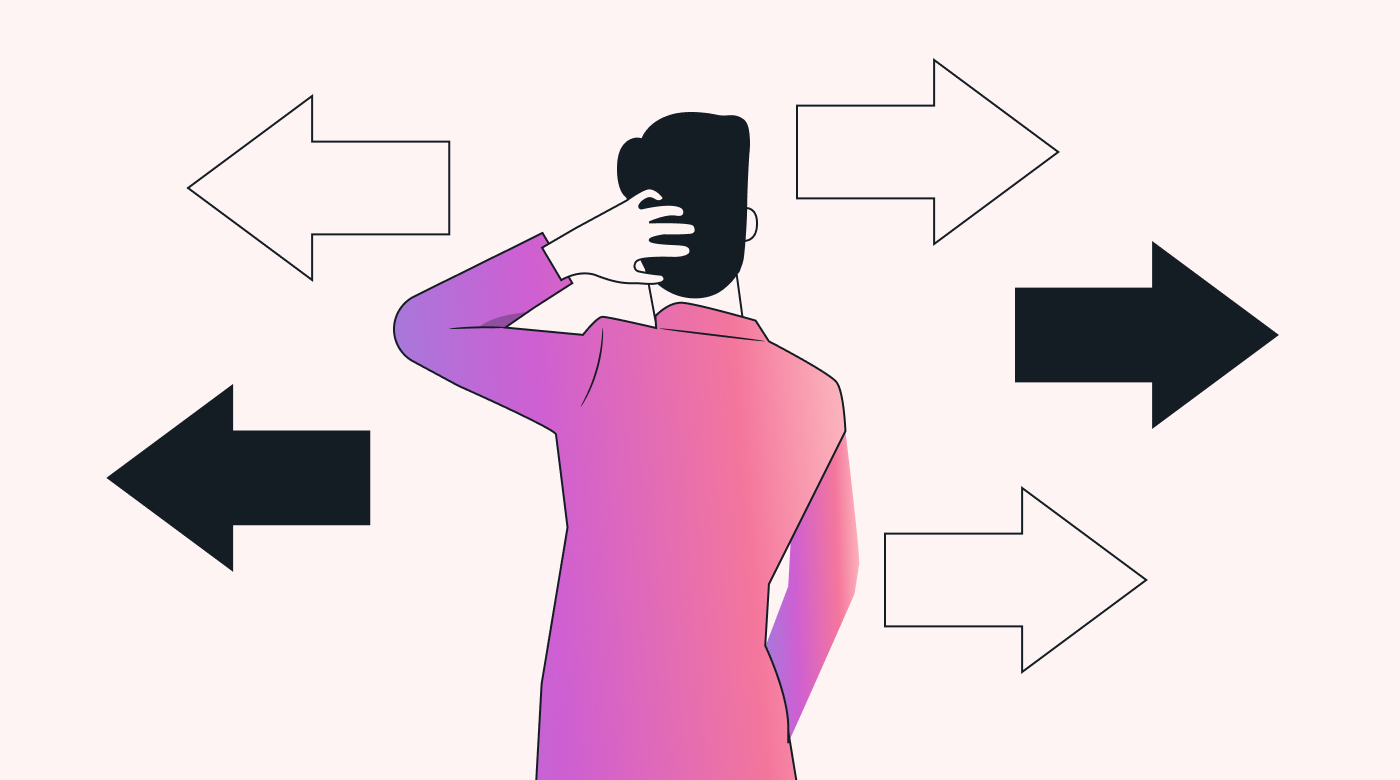 Person staring at many arrows pointing in different directions