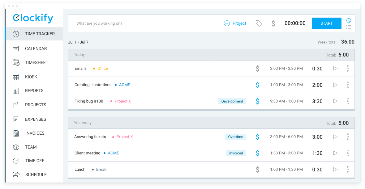 Clockify dashboard screenshot