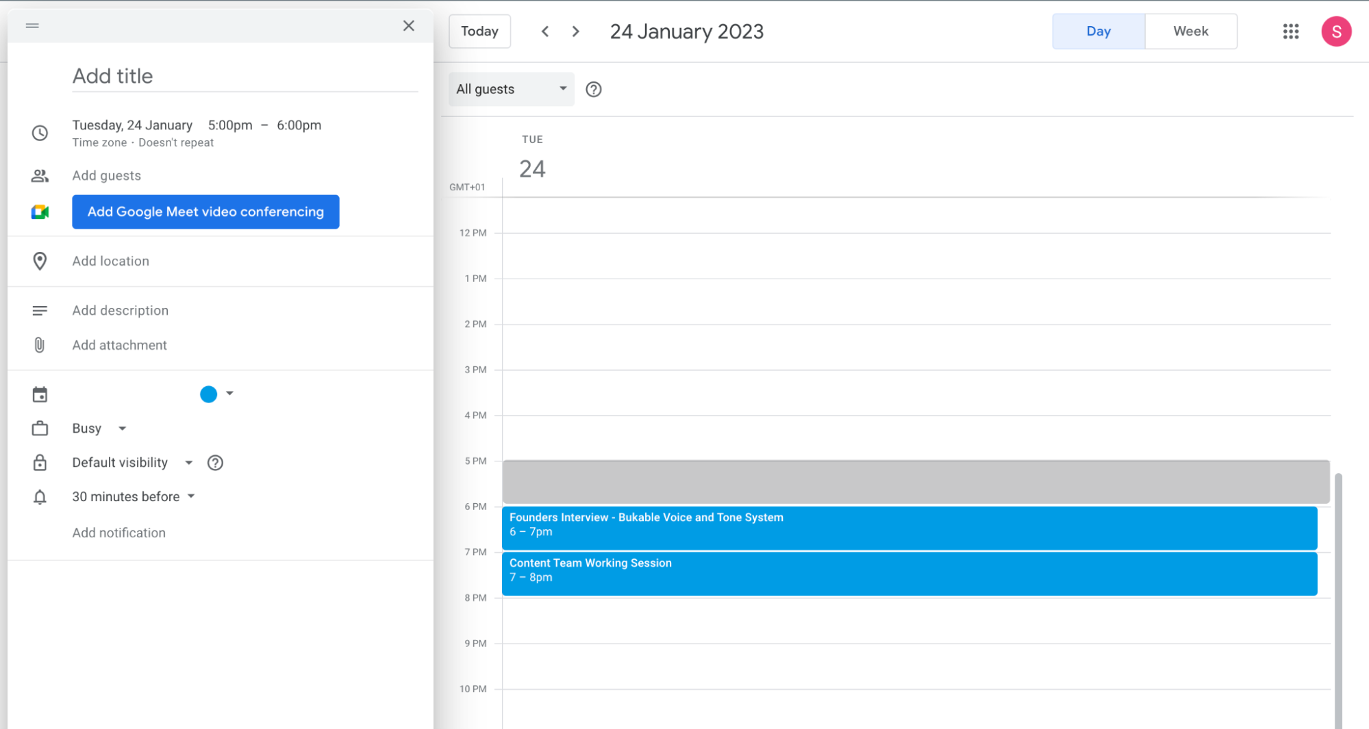 Google Calendar view when a user is about to schedule a new meeting