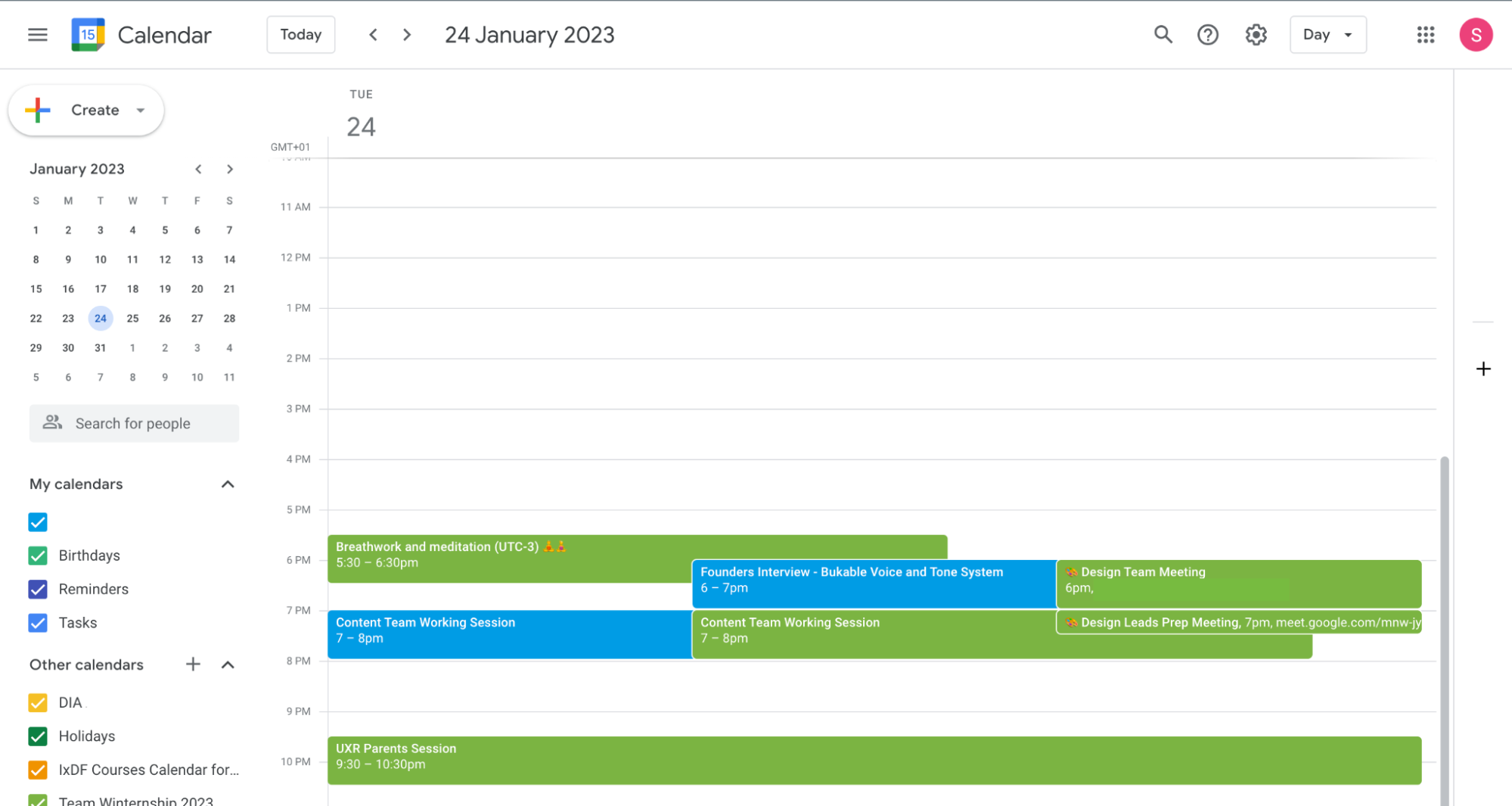 Google Calendar page showing a person