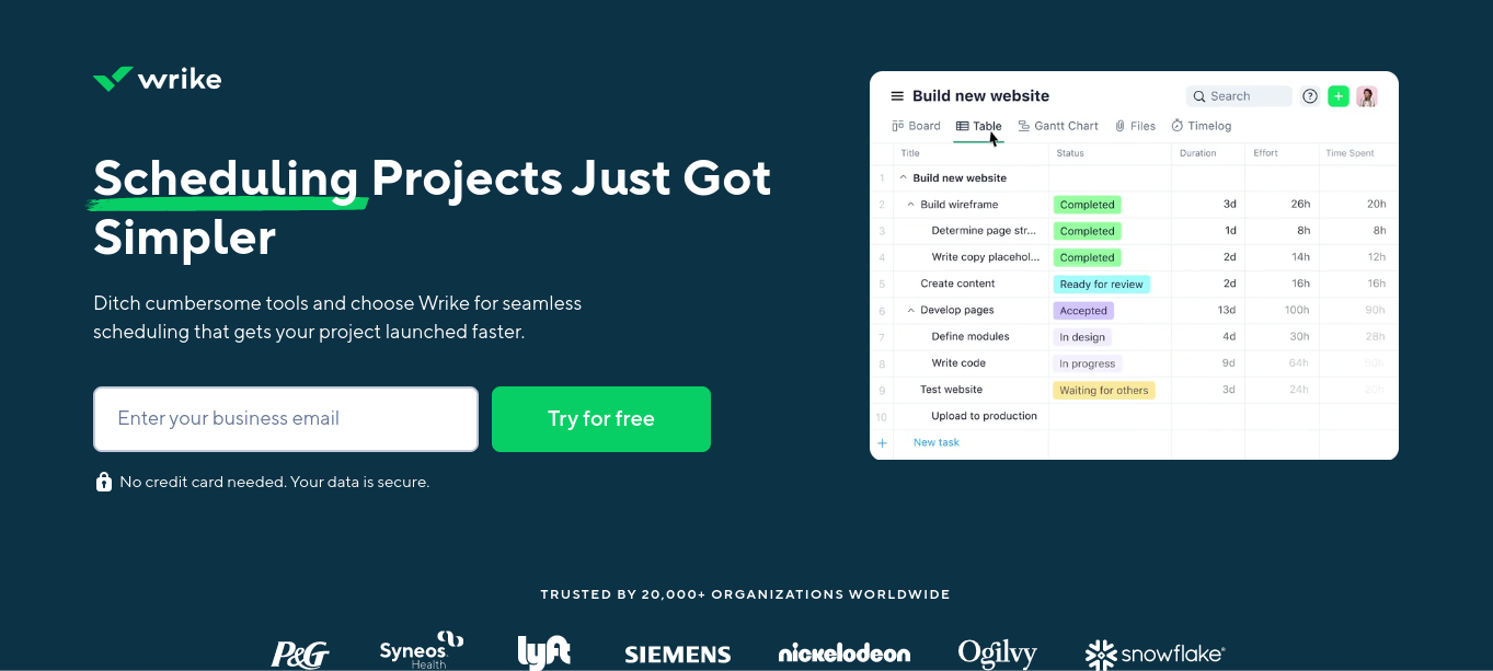 Screenshot of Wrike homepage