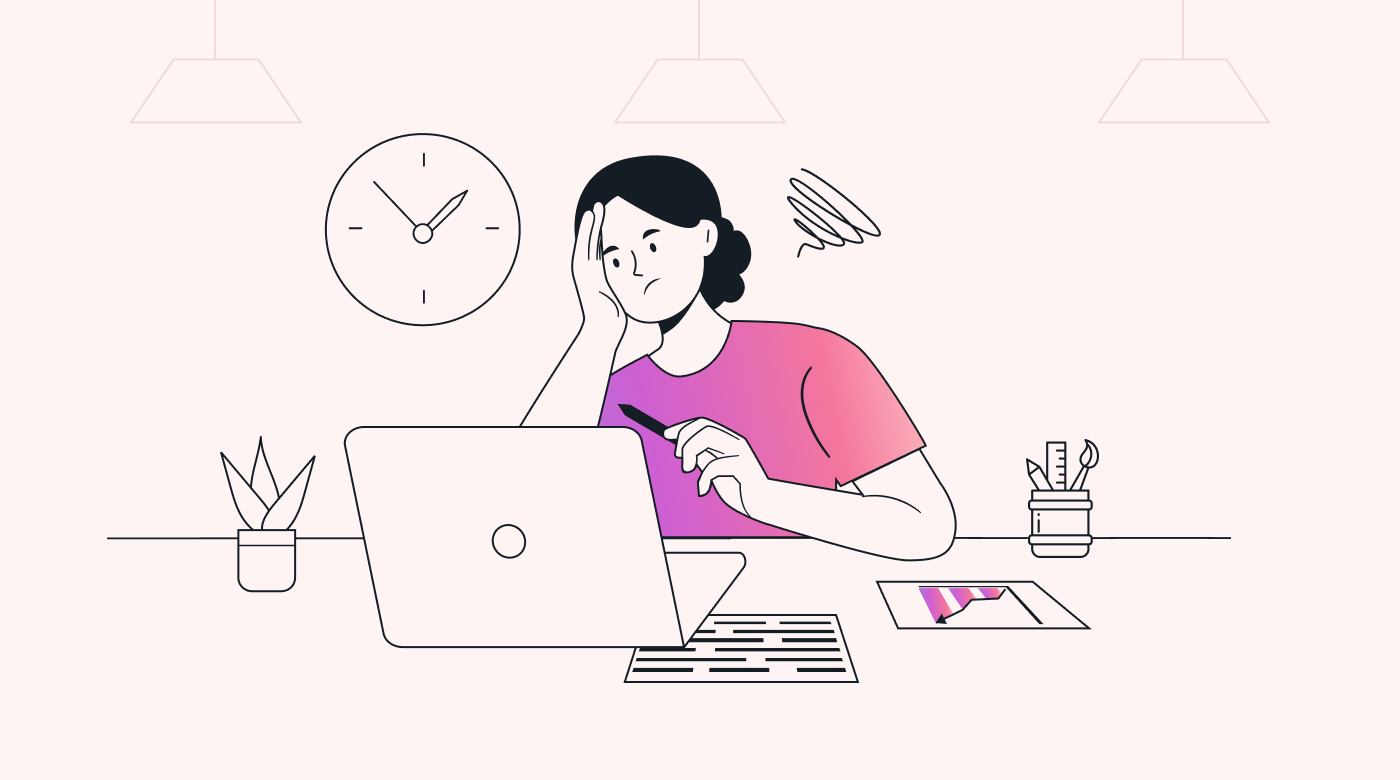 A person facing some challenging work at a laptop with a clock