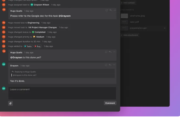 Comment thread within task screenshot