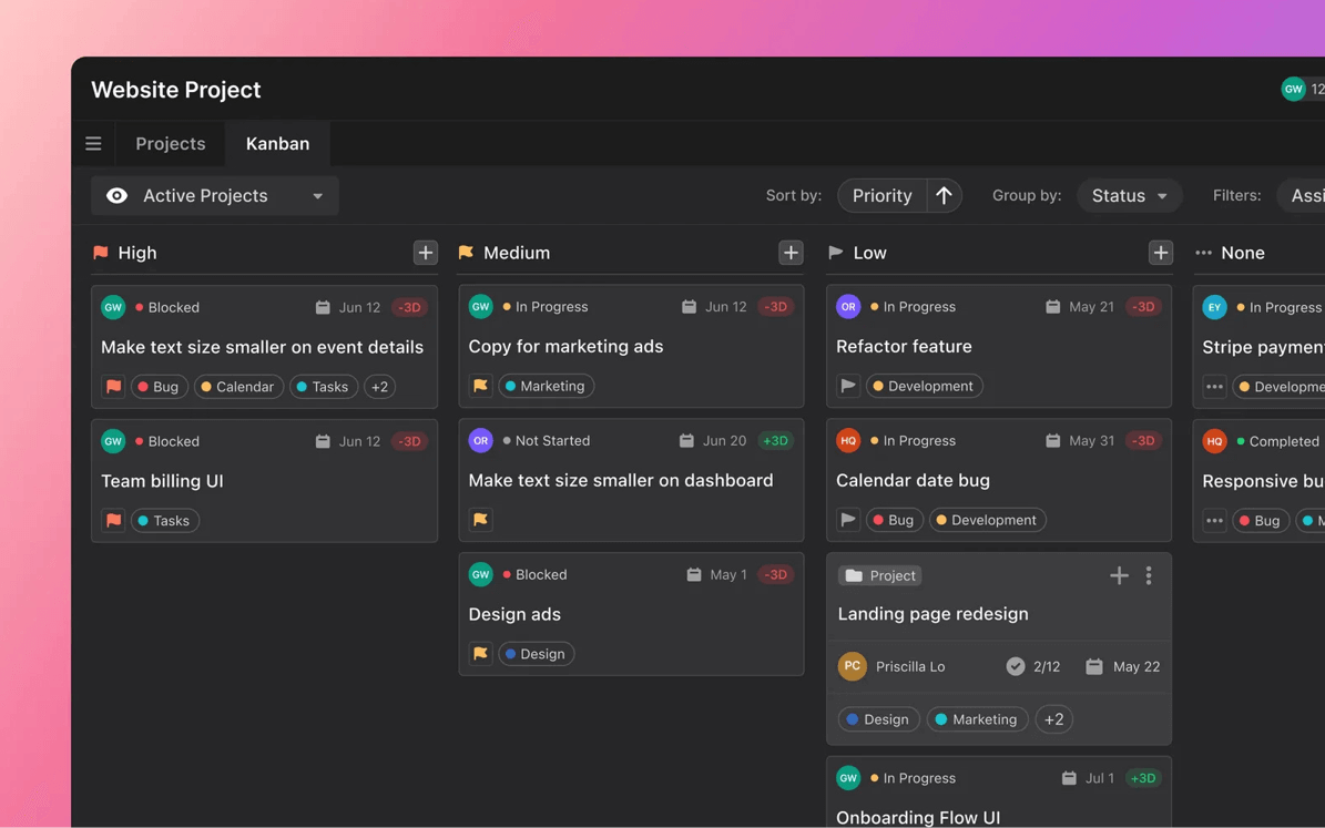 Kanban board view of projects in Motion