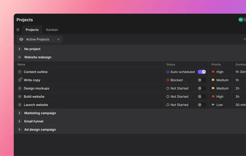 Motion calendar with project tasks, including auto-scheduled tasks