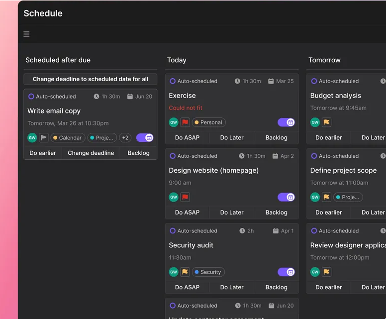 The interface of Motion showing the schedule