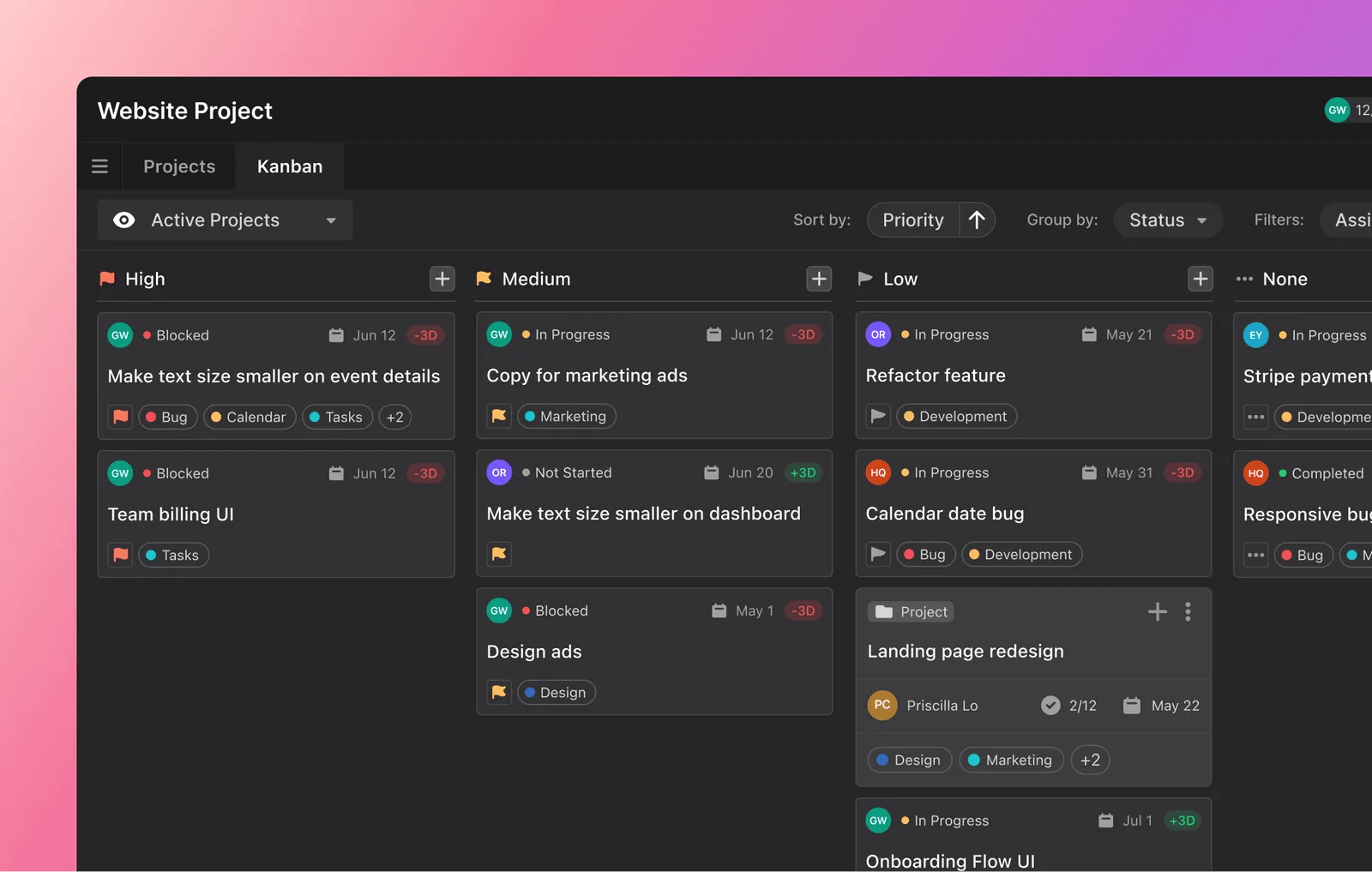 Website project dashboard on Motion