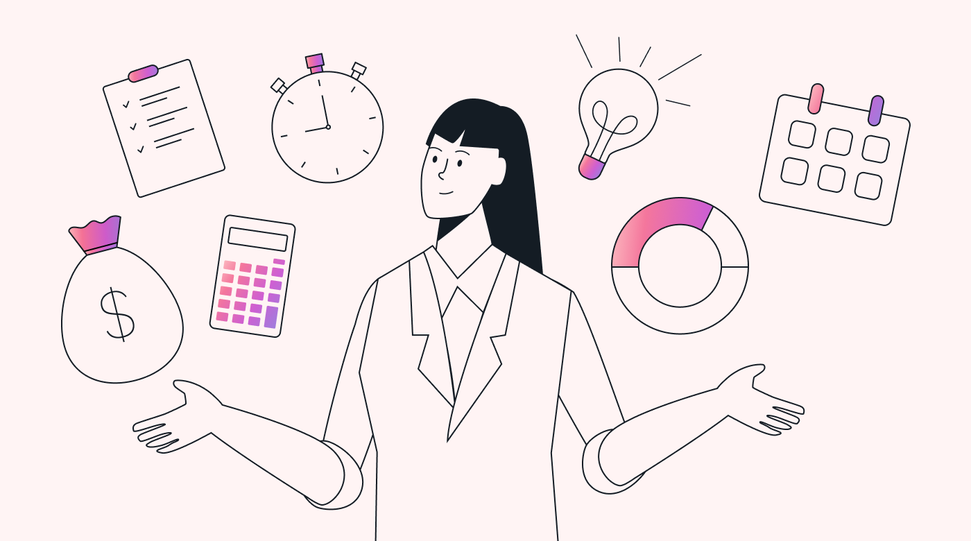 Project manager juggling  a lot of different items in the air without dropping any of them