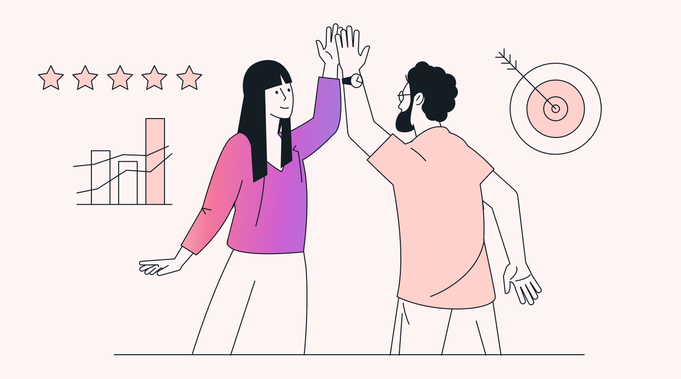 Two people giving a high five with bullseye and five star icons
