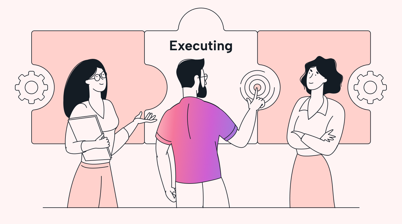 Three people working and executing a project