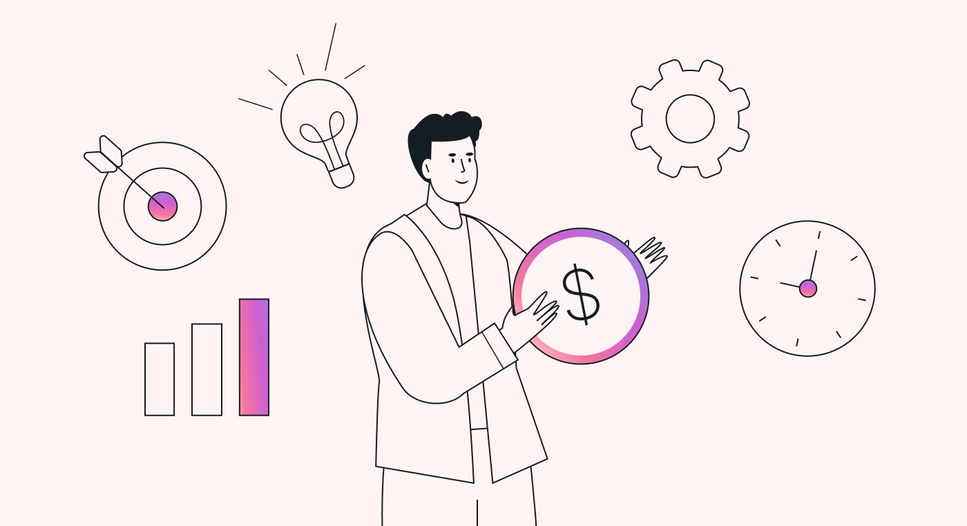 A person surrounded by icons representing targets, ideas, budgets, time, and results