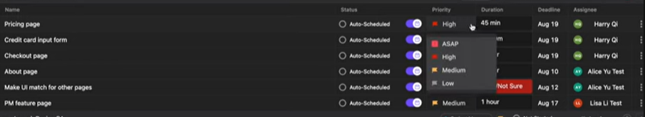 Project management dashboard interface in Motion