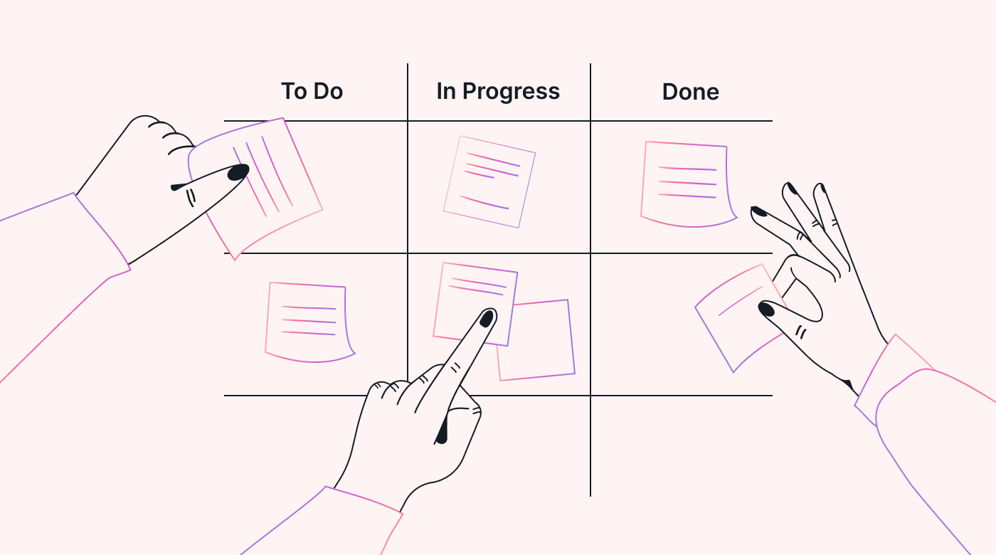 Hands rearranging tasks on a project Kanban board