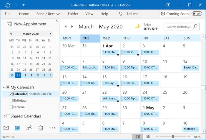 Outlook calendar weekly view