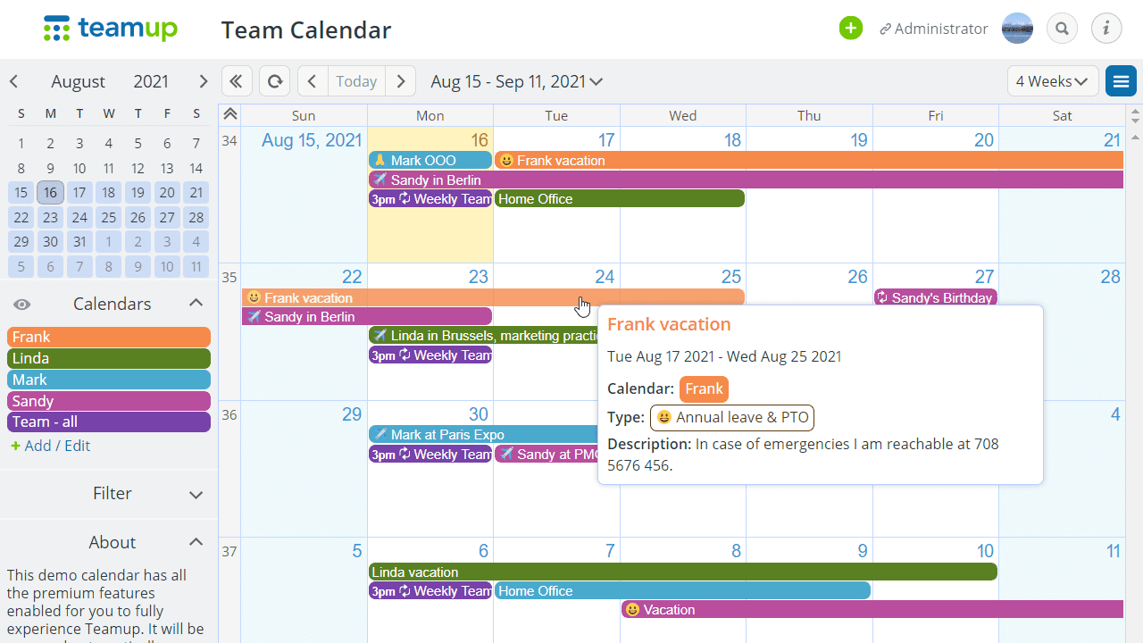 Teamup calendar