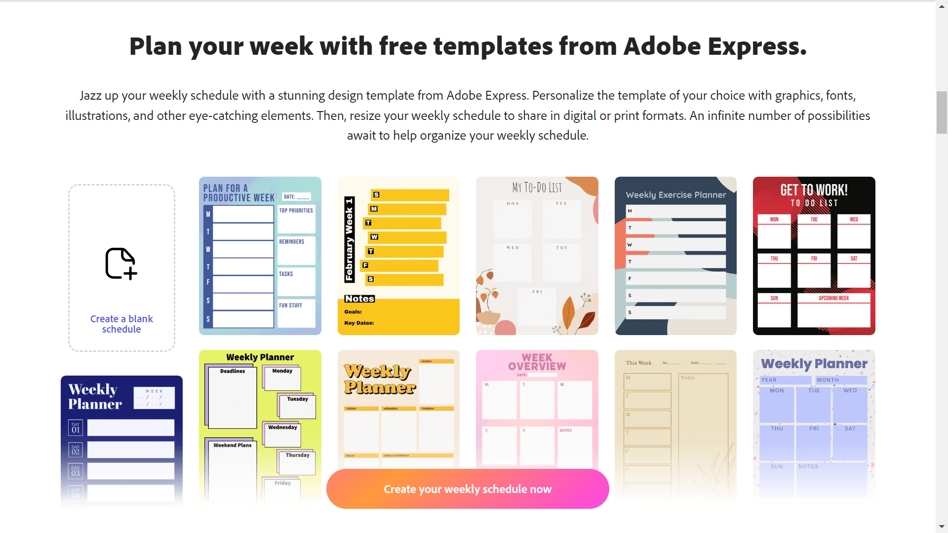 Adobe Weekly Schedule Templates
