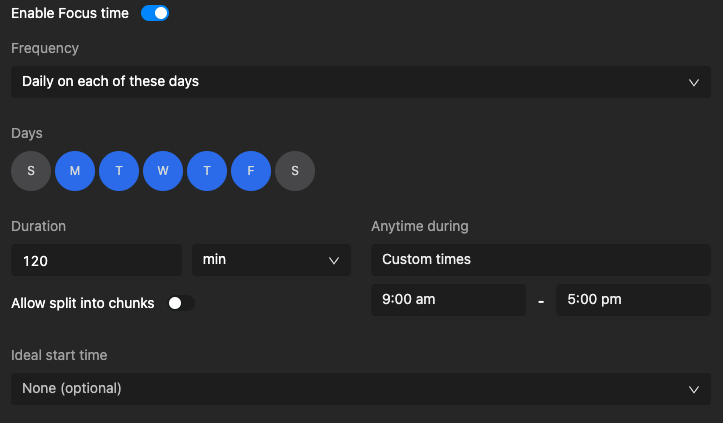 Screenshot of how to enable focus mode on Motion