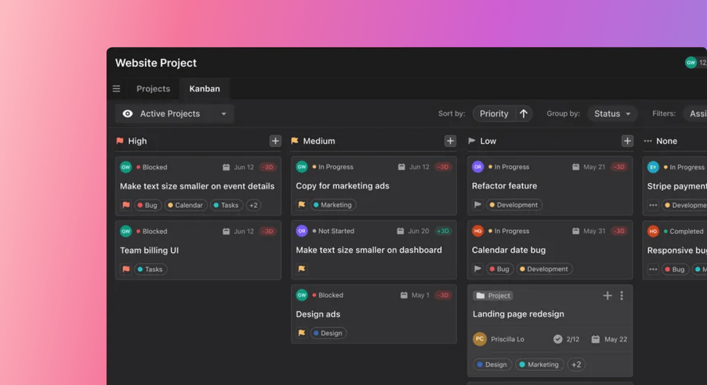 A calendar view with projects