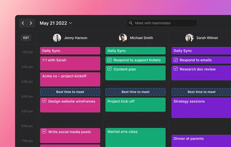 Three calendars with shared free time highlighted in all for scheduling meetings