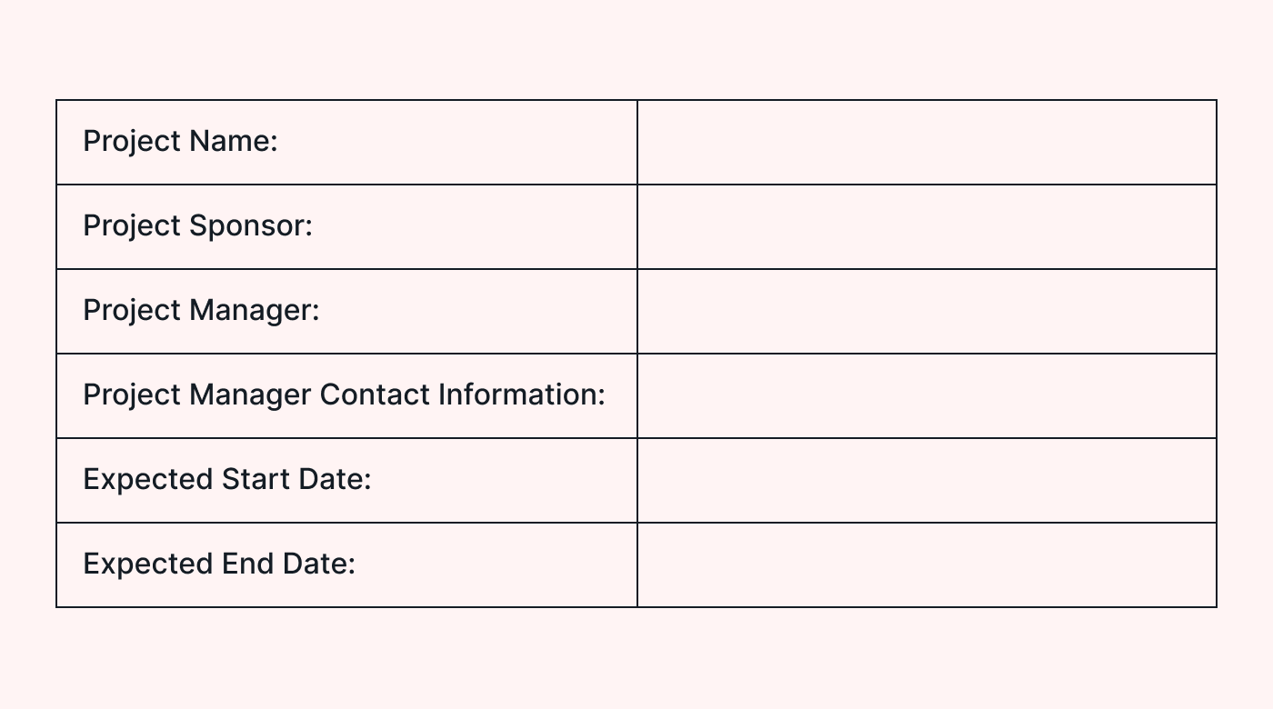 Example of a project overview table from a project charter
