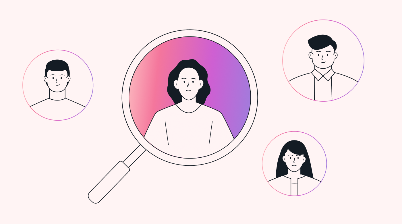 Four people in circles with a magnifying glass highlighting one of them
