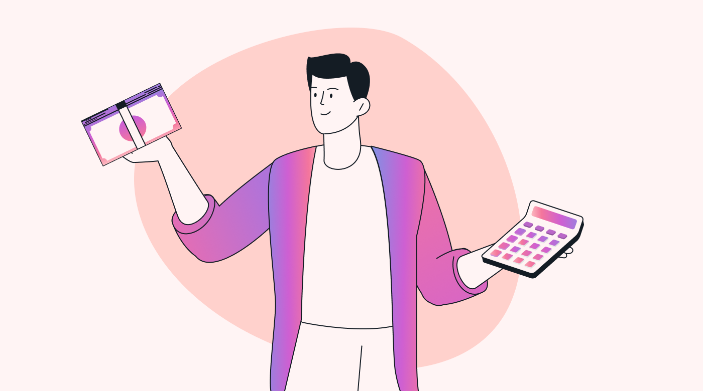 A person holding a calculator in one hand and cash in the other.
