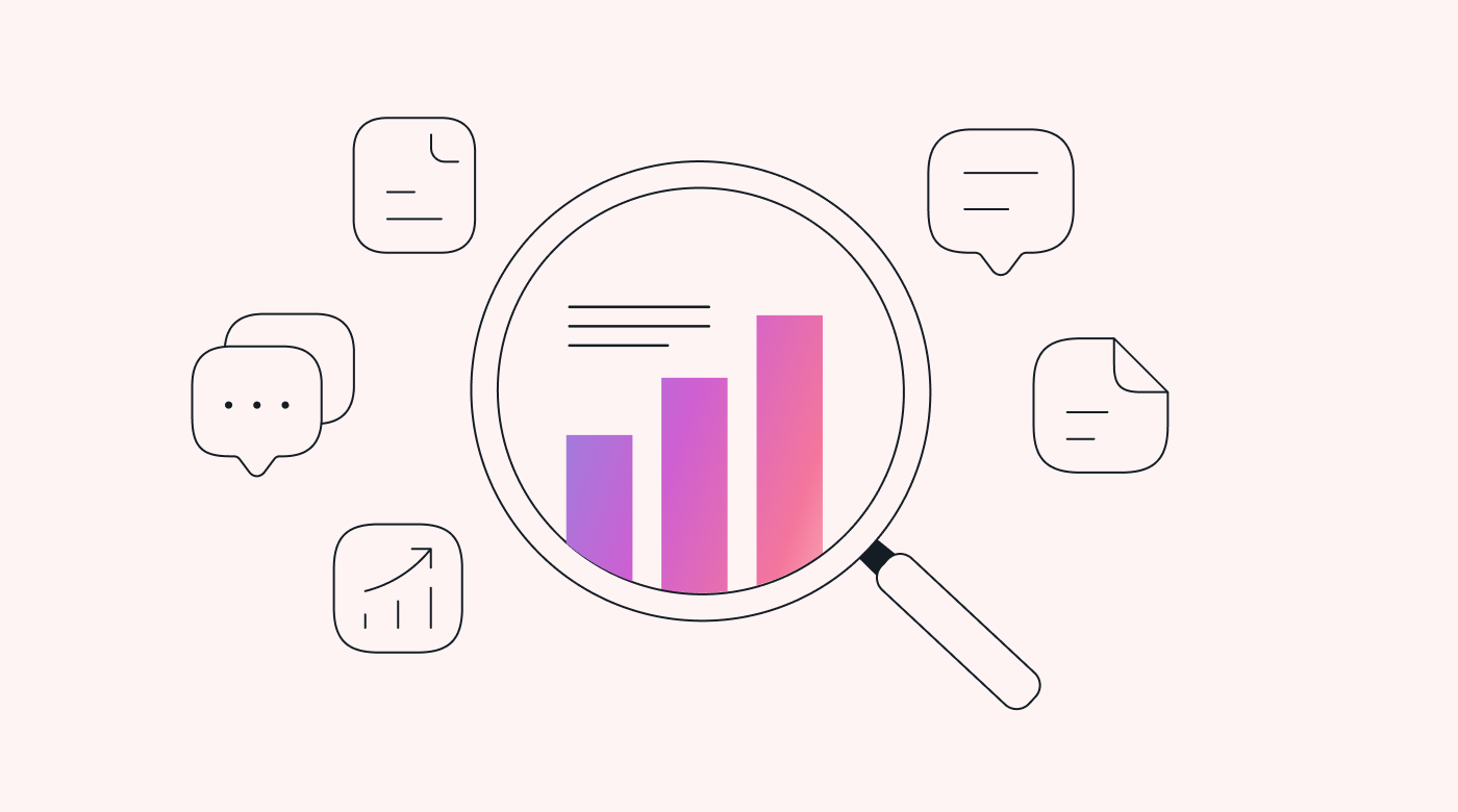 A magnifying glass on a graph surrounded by icons