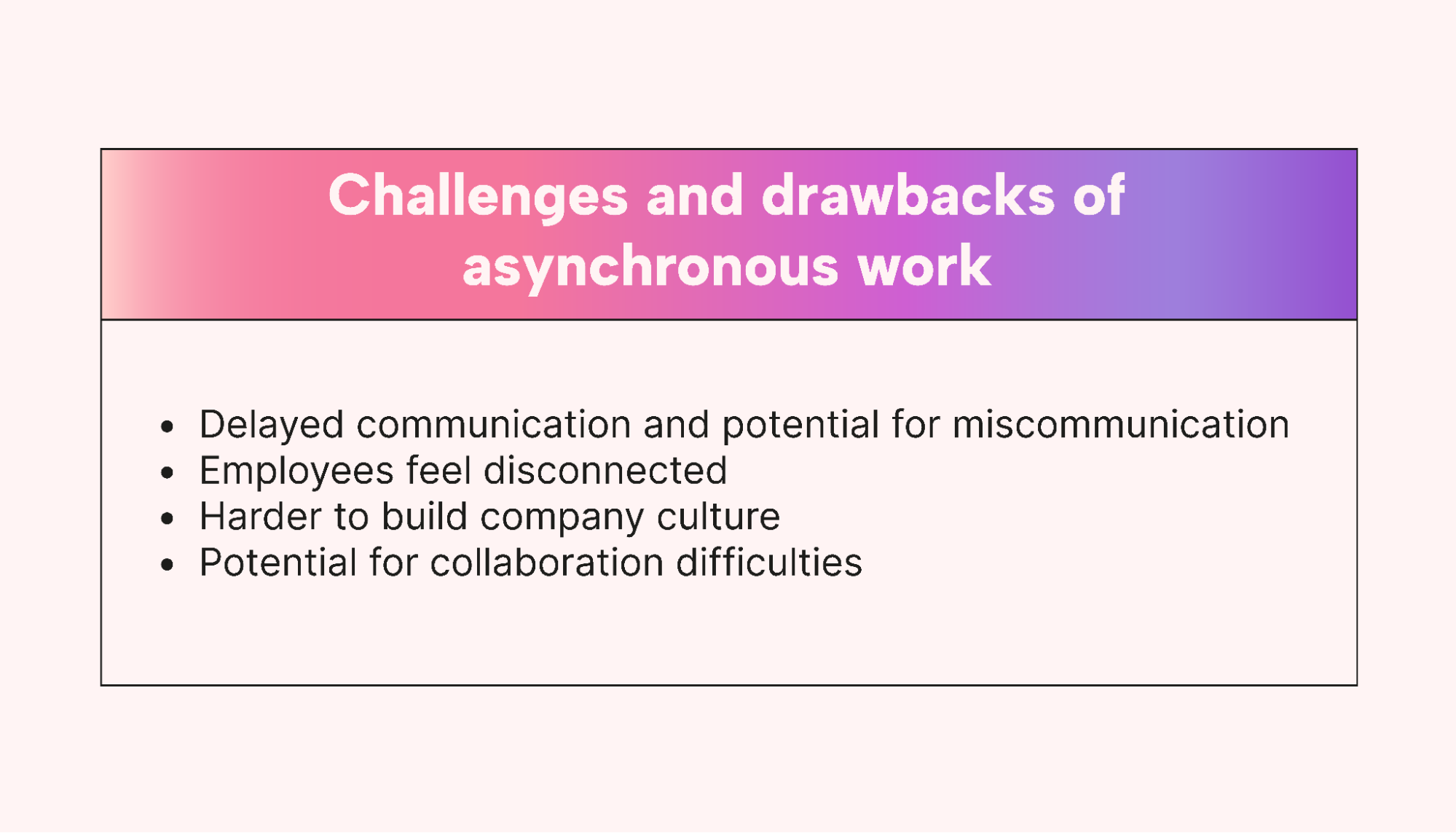 Challenges and drawbacks of asynchronous work