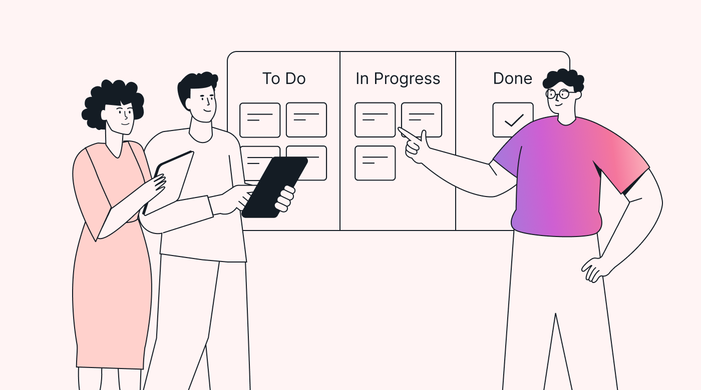 A group of employees with a task board
