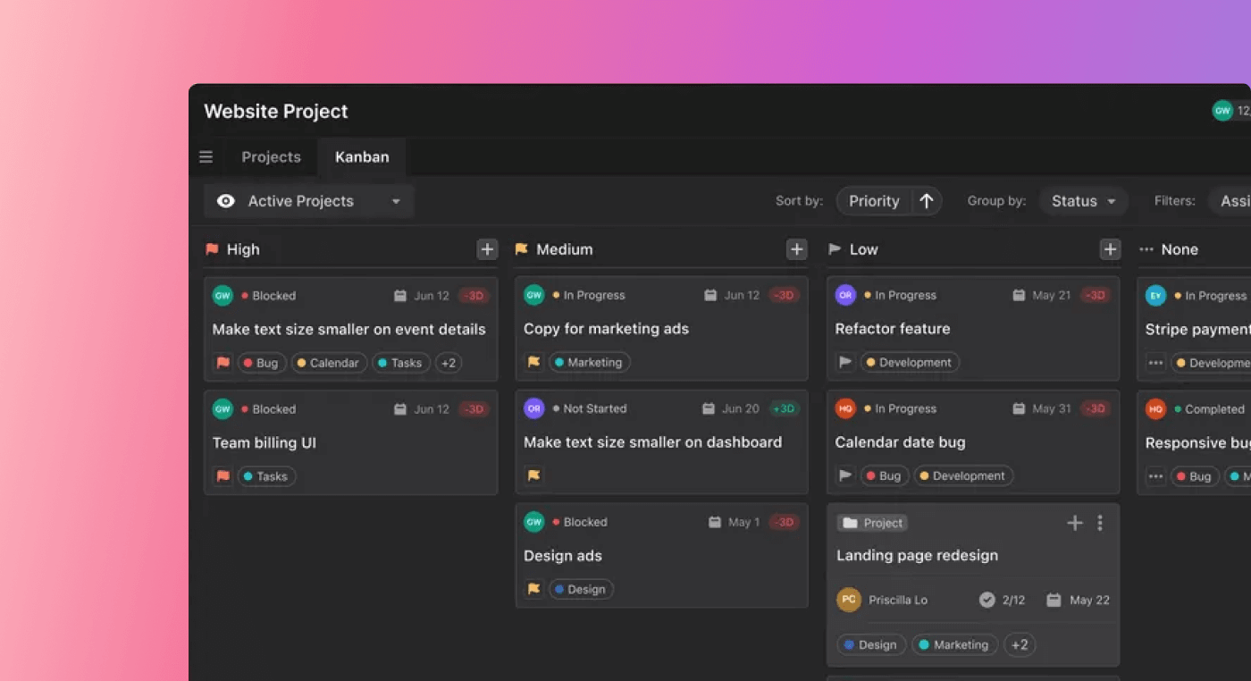 Motion’s project management board close-up