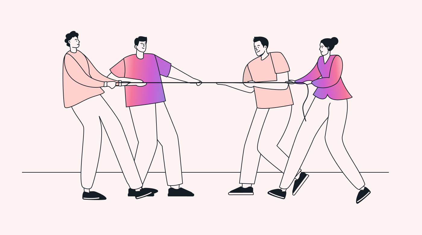Two teams, both pulling at one rope