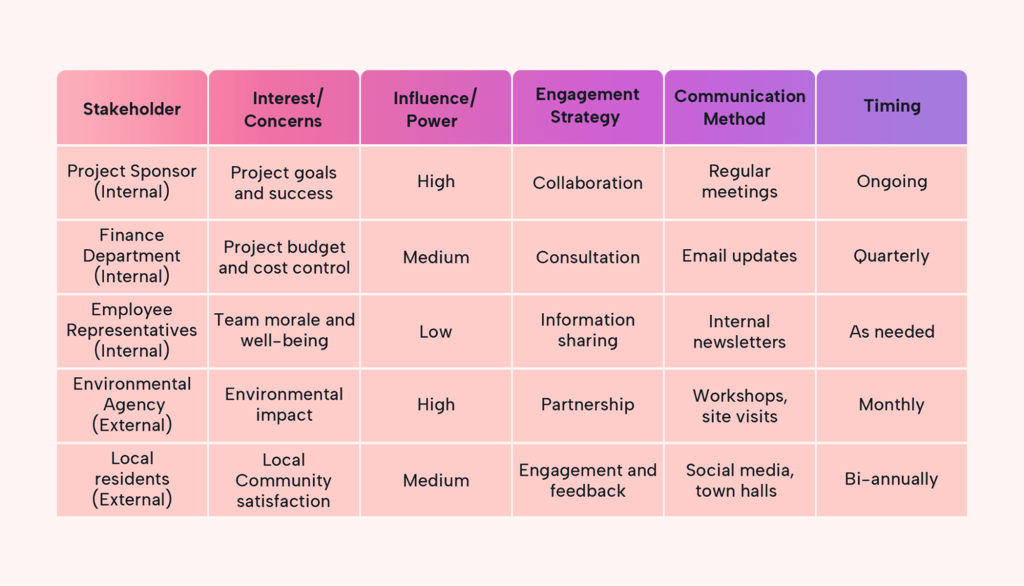 Example stakeholder engagement plan