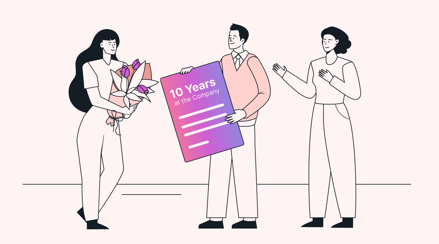 An employee receiving flowers for her time at the company