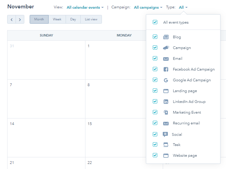 Marketing calendar in the HubSpot Marketing Hub